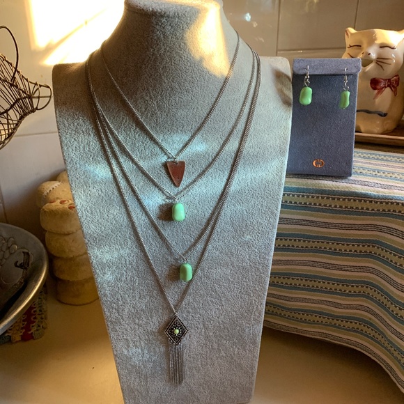 Silver Tone & Green Stone Layered Four Strand Necklace and Matching Earrings - Picture 6 of 11